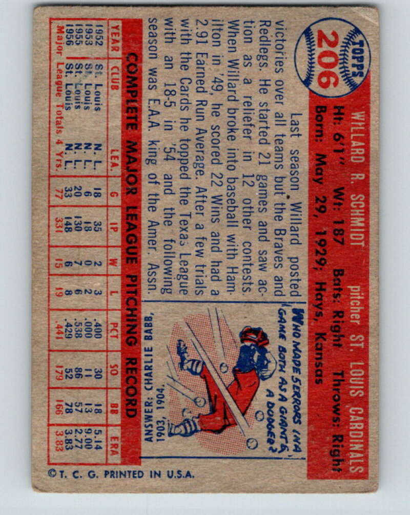 1957 Topps MLB #206 Willard Schmidt St. Louis Cardinals V10384