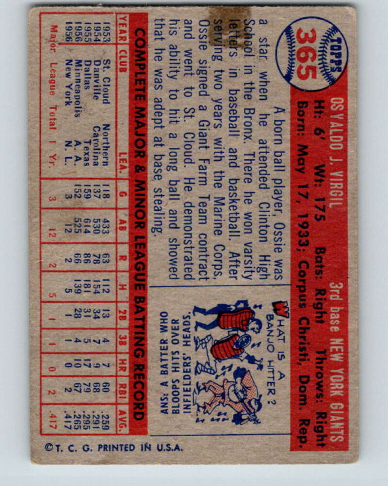 1957 Topps MLB #365 Ozzie Virgil Sr.  RC Rookie New York Giants  V10396