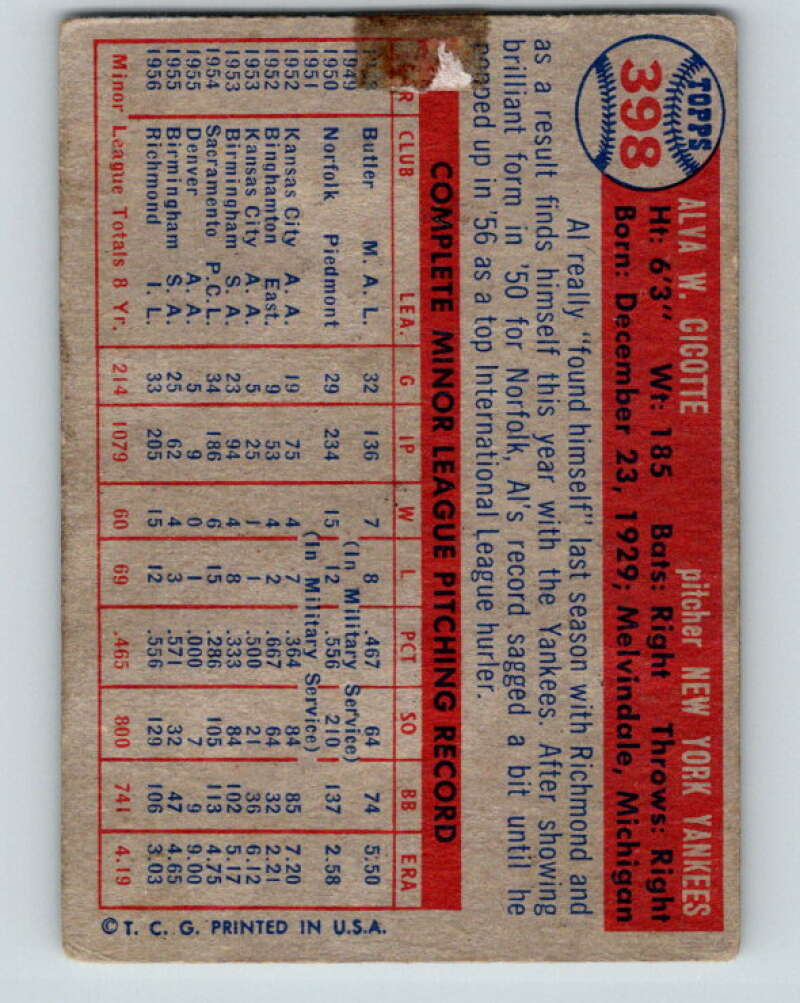1957 Topps MLB #398 Al Cicotte  RC Rookie New York Yankees  V10399