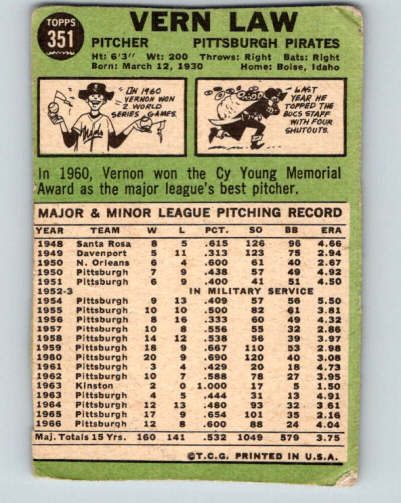 1967 Topps MLB #351 Vern Law  Pittsburgh Pirates� V10452