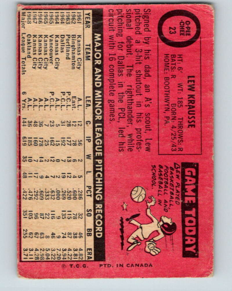 1969 O-Pee-Chee MLB #23 Lew Krausse Oakland Athletics� V10470