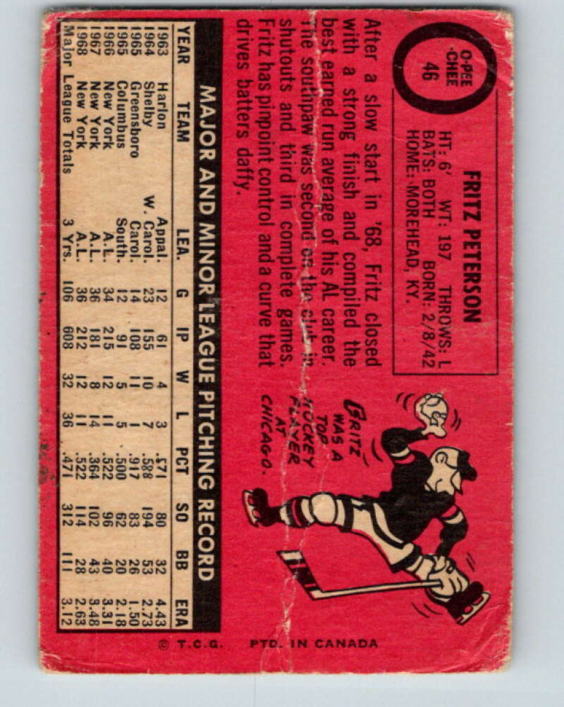 1969 O-Pee-Chee MLB #46 Fritz Peterson New York Yankees� V10472