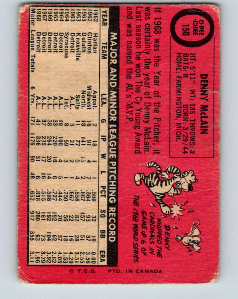 1969 O-Pee-Chee MLB #150 Denny McLain Detroit Tigers� V10478