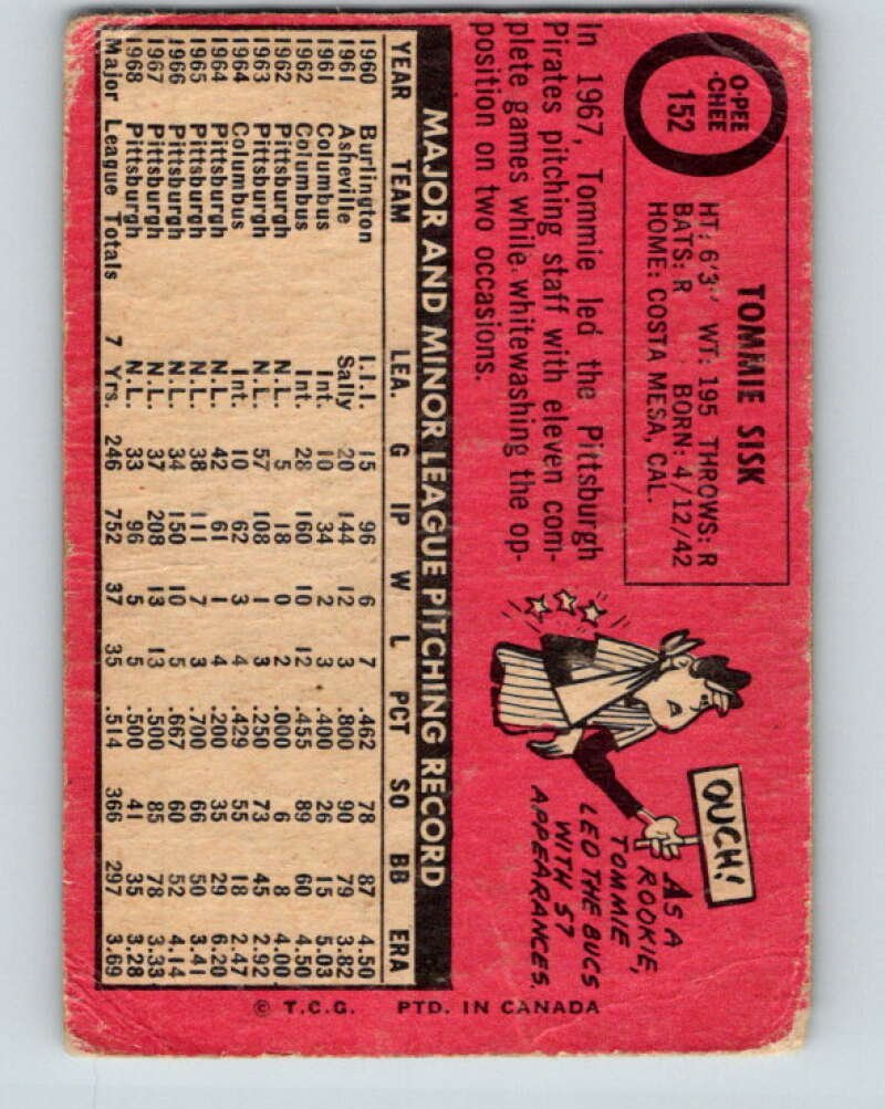 1969 O-Pee-Chee MLB #152 Tommie Sisk Pittsburgh Pirates� V10479