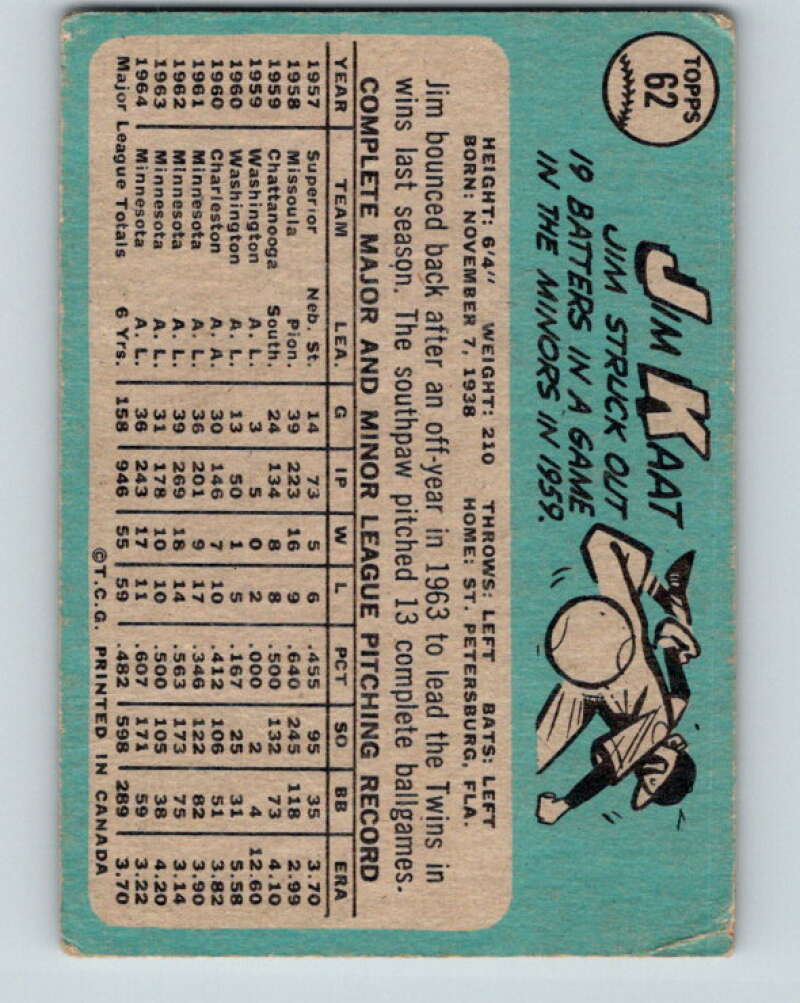 1965 Topps MLB #62 Jim Kaat UER DP Minnesota Twins� V10498