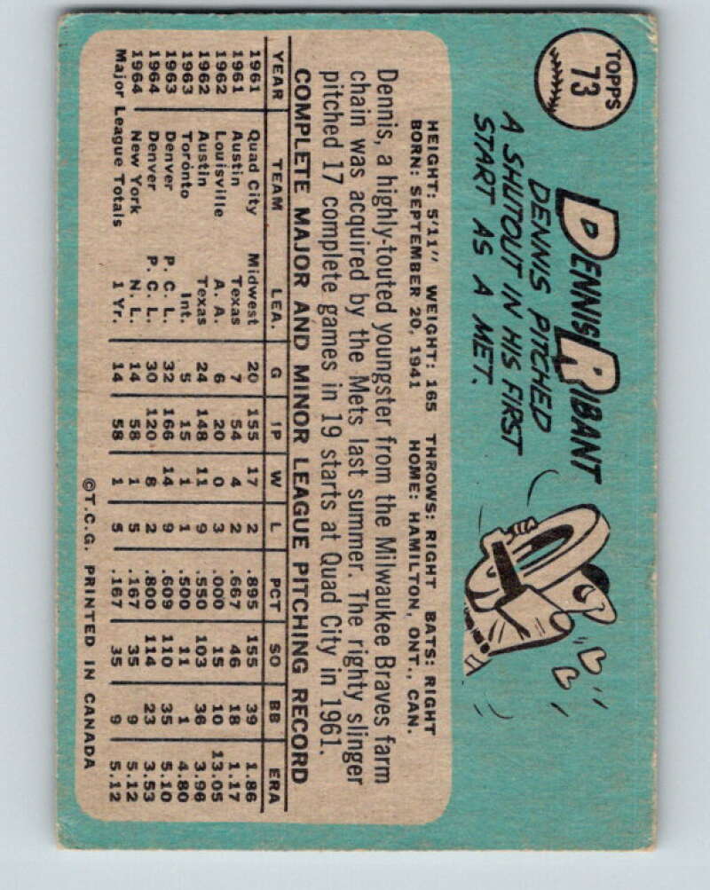 1965 Topps MLB #73 Dennis Ribant RC Rookie New York Mets� V10502