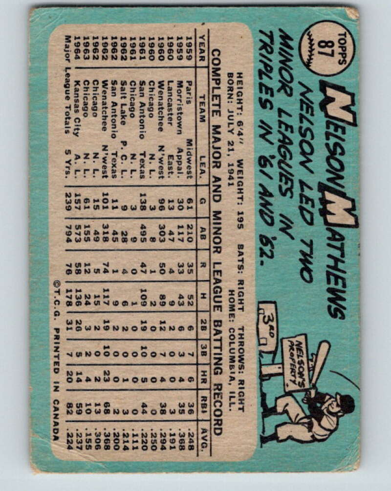 1965 Topps MLB #87 Nelson Matthews  Kansas City Athletics� V10507