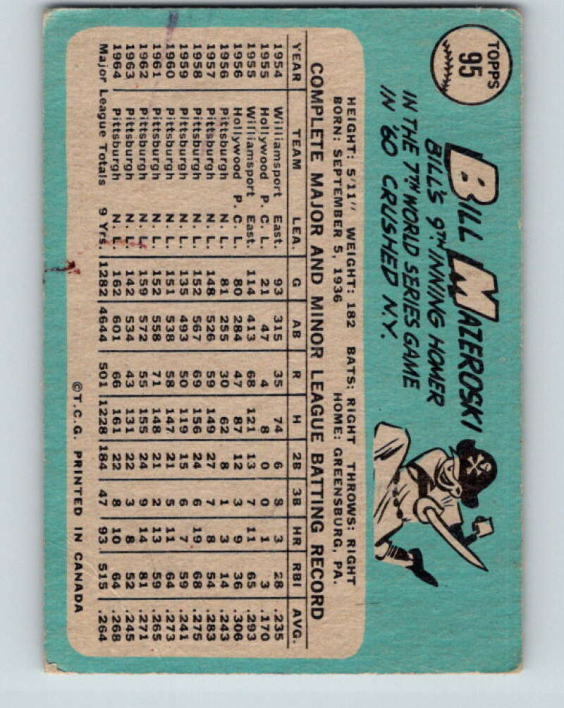 1965 Topps MLB #95 Bill Mazeroski DP Pittsburgh Pirates� V10510