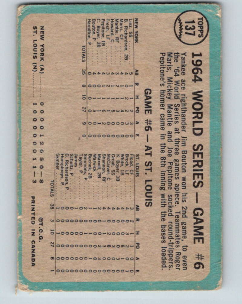1965 Topps MLB #137 World Series Game 6 Bouton Wins Again � V10526