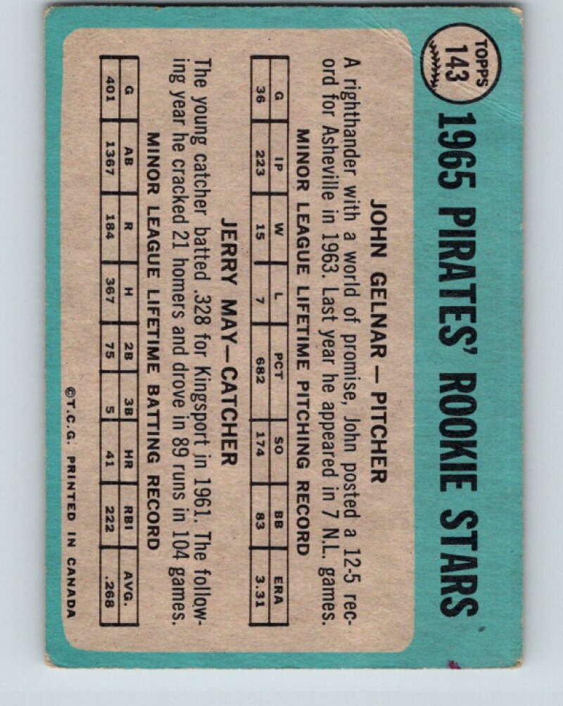 1965 Topps MLB #143 Pirates Rookies Gelnar/JMay RC V10528