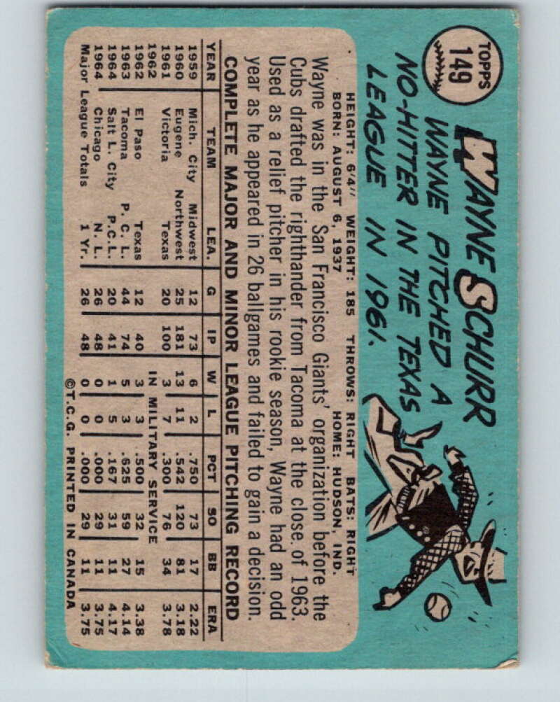 1965 Topps MLB #149 Wayne Schurr Chicago Cubs� V10529