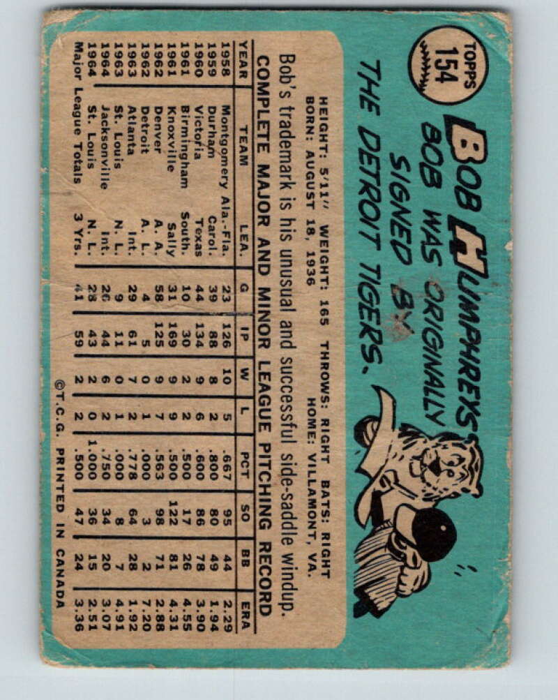 1965 Topps MLB #154 Bob Humphreys RC Rookie St. Louis Cardinals� V10531