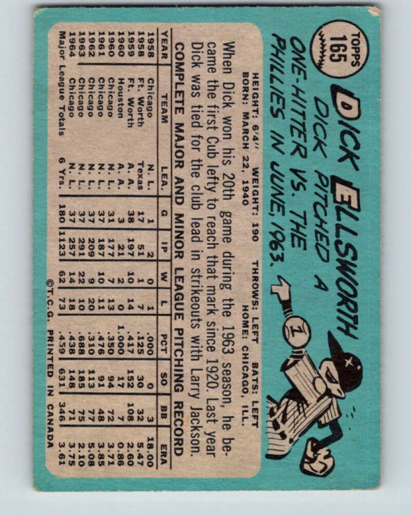 1965 Topps MLB #165 Dick Ellsworth Chicago Cubs� V10535