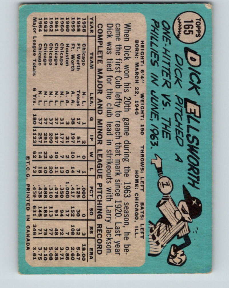 1965 Topps MLB #165 Dick Ellsworth  Chicago Cubs� V10535
