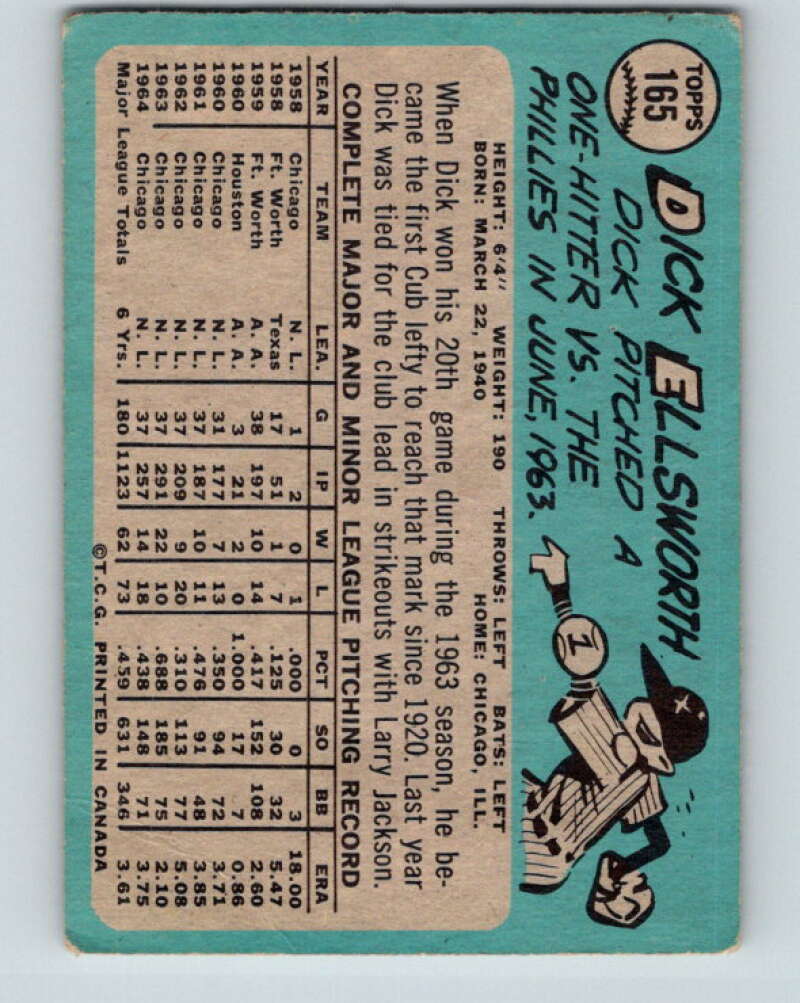 1965 Topps MLB #165 Dick Ellsworth  Chicago Cubs� V10536