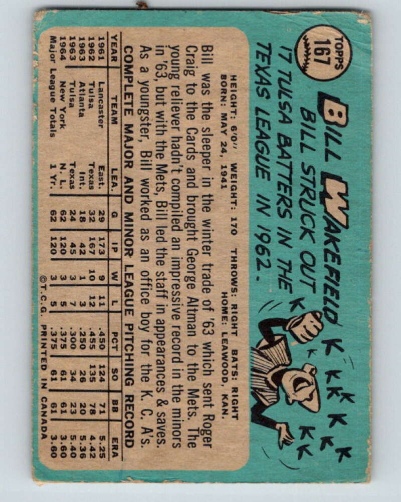 1965 Topps MLB #167 Bill Wakefield New York Mets� V10538