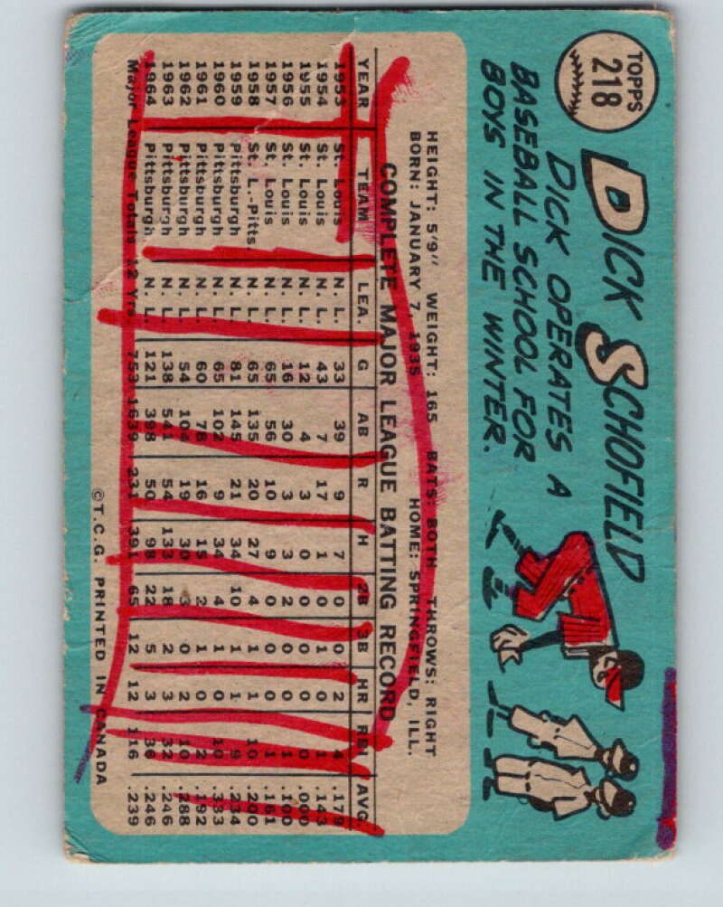 1965 Topps MLB #218 Dick Schofield Pittsburgh Pirates� V10551