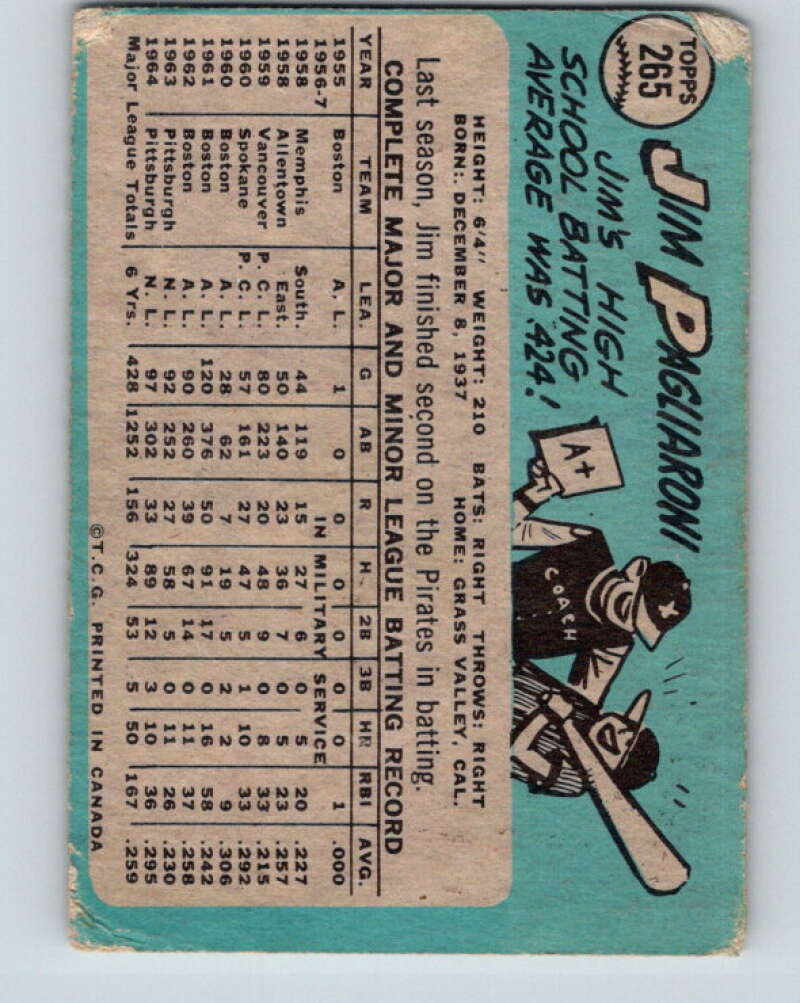 1965 Topps MLB #265 Jim Pagliaroni Pittsburgh Pirates� V10555