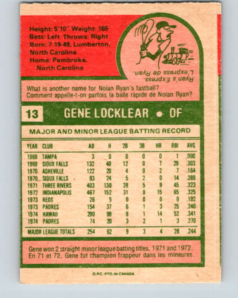 1975 O-Pee-Chee MLB #13 Gene Locklear San Diego Padres V10558