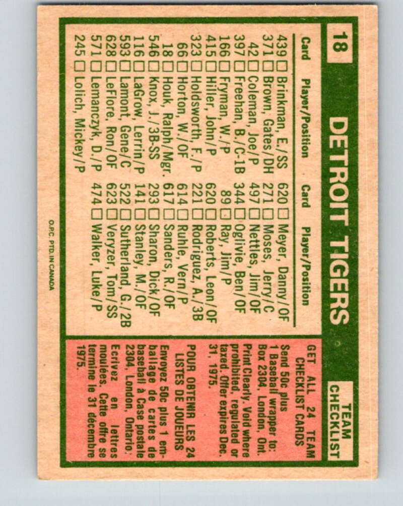 1975 O-Pee-Chee MLB #18 Tigers Team/Ralph Houk MG V10559