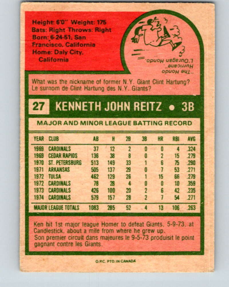 1975 O-Pee-Chee MLB #27 Ken Reitz  St. Louis Cardinals  V10560