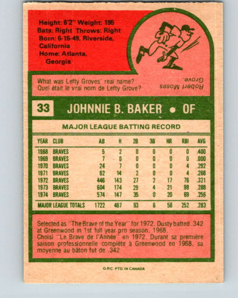 1975 O-Pee-Chee MLB #33 Dusty Baker Atlanta Braves V10561