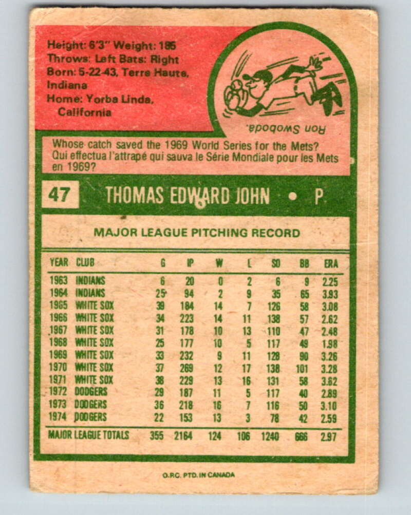 1975 O-Pee-Chee MLB #47 Tommy John Los Angeles Dodgers V10563