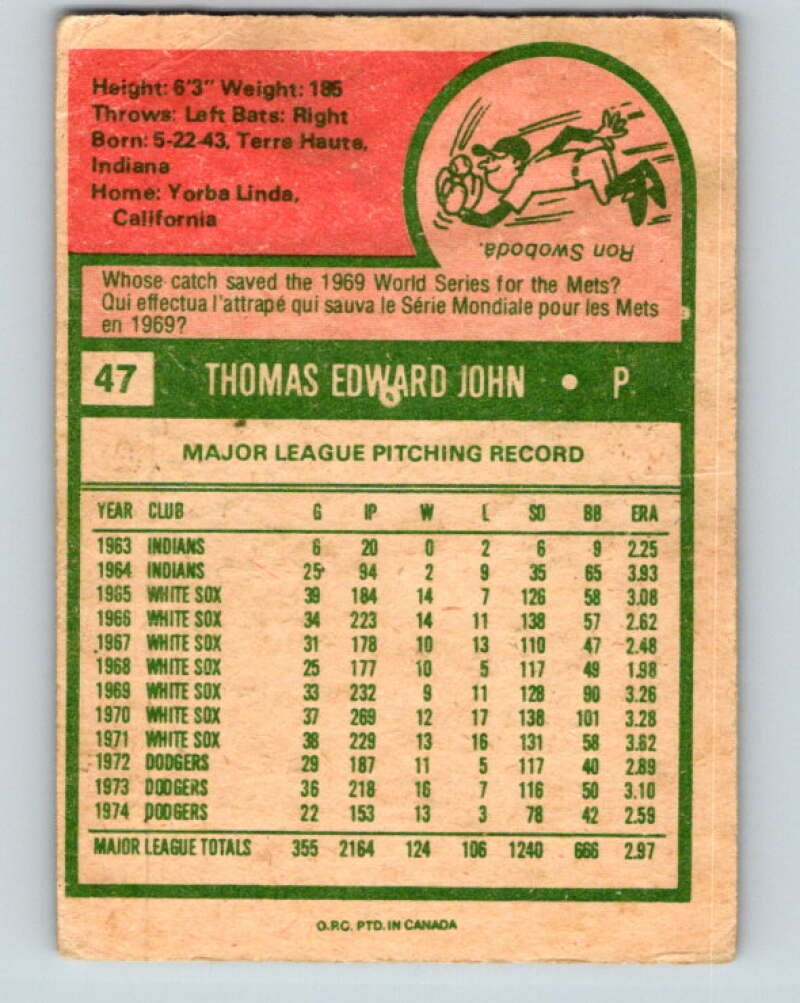 1975 O-Pee-Chee MLB #47 Tommy John  Los Angeles Dodgers  V10563
