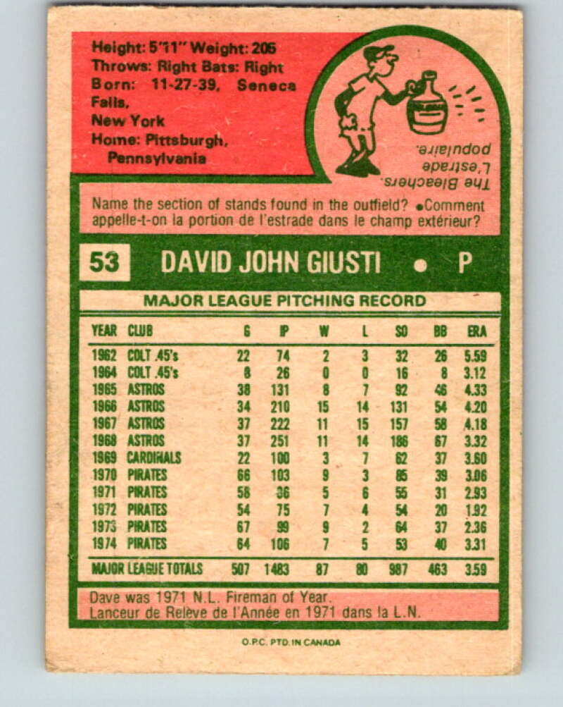 1975 O-Pee-Chee MLB #53 Dave Giusti Pittsburgh Pirates V10564