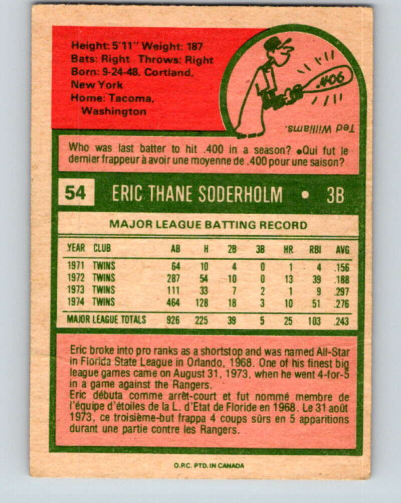 1975 O-Pee-Chee MLB #54 Eric Soderholm Minnesota Twins V10565