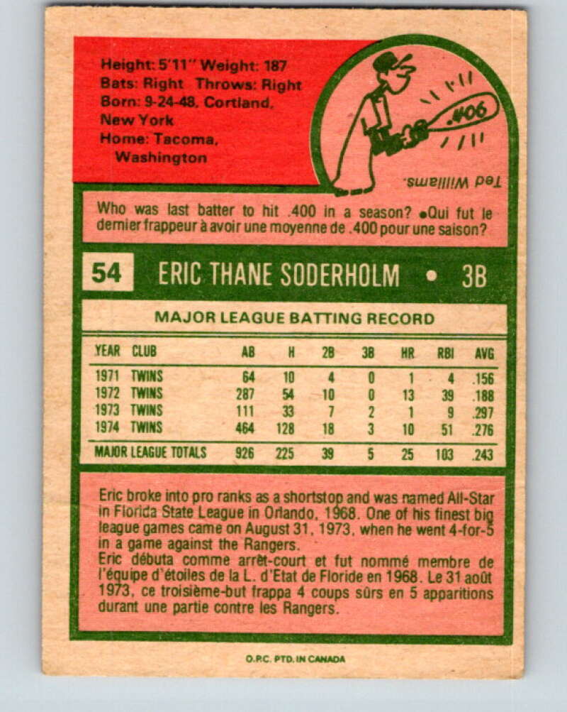 1975 O-Pee-Chee MLB #54 Eric Soderholm  Minnesota Twins  V10565