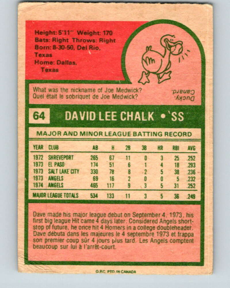 1975 O-Pee-Chee MLB #64 Dave Chalk California Angels V10567