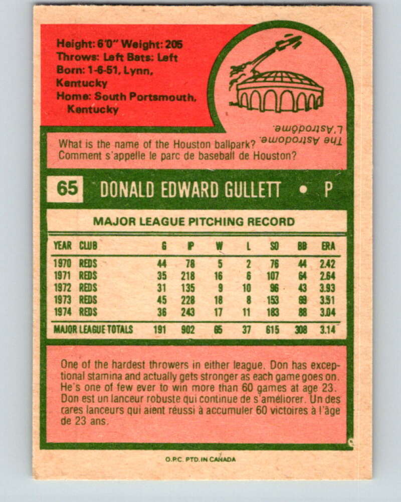 1975 O-Pee-Chee MLB #65 Don Gullett Cincinnati Reds V10568