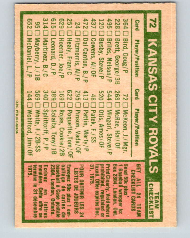 1975 O-Pee-Chee MLB #72 Royals Team/McKeon MG V10569