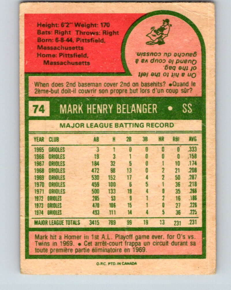 1975 O-Pee-Chee MLB #74 Mark Belanger Baltimore Orioles V10570