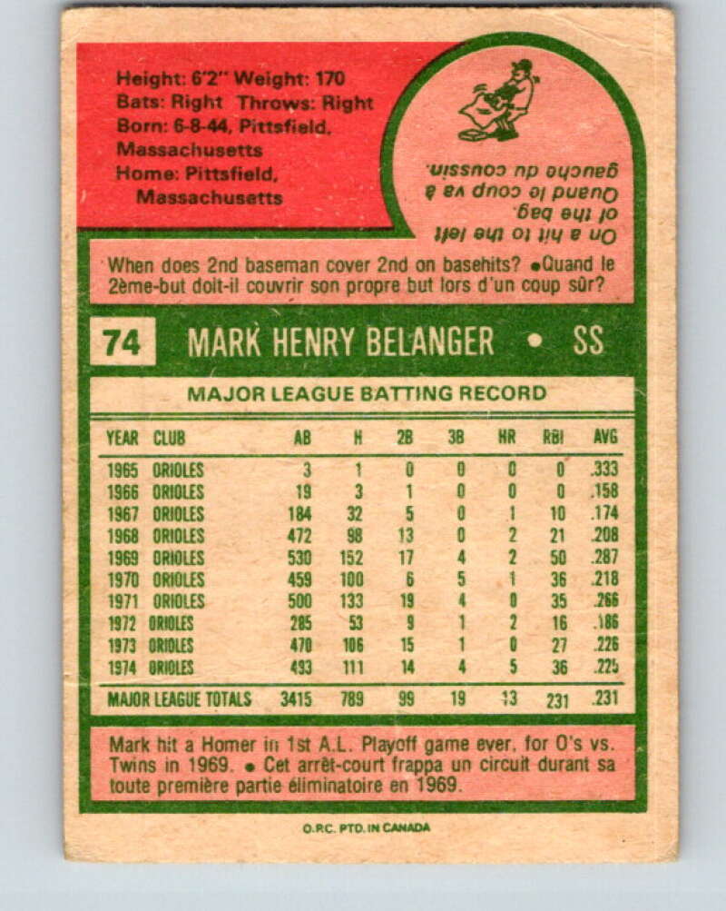 1975 O-Pee-Chee MLB #74 Mark Belanger  Baltimore Orioles  V10570