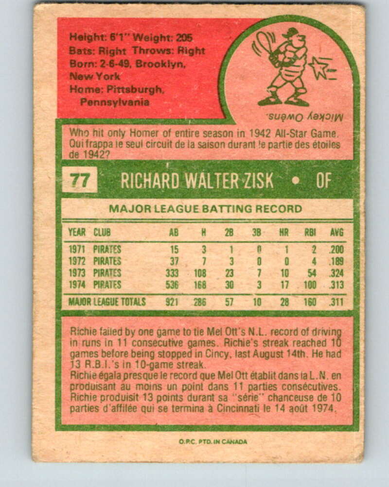 1975 O-Pee-Chee MLB #77 Richie Zisk  Pittsburgh Pirates  V10571