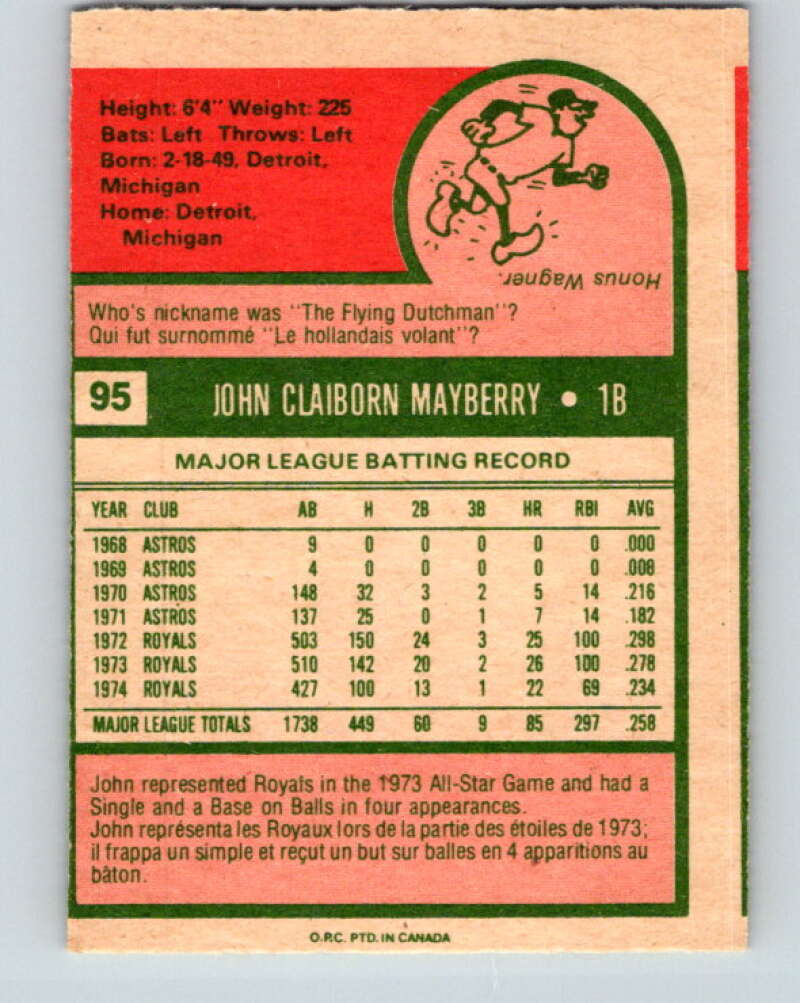 1975 O-Pee-Chee MLB #95 John Mayberry Kansas City Royals V10572