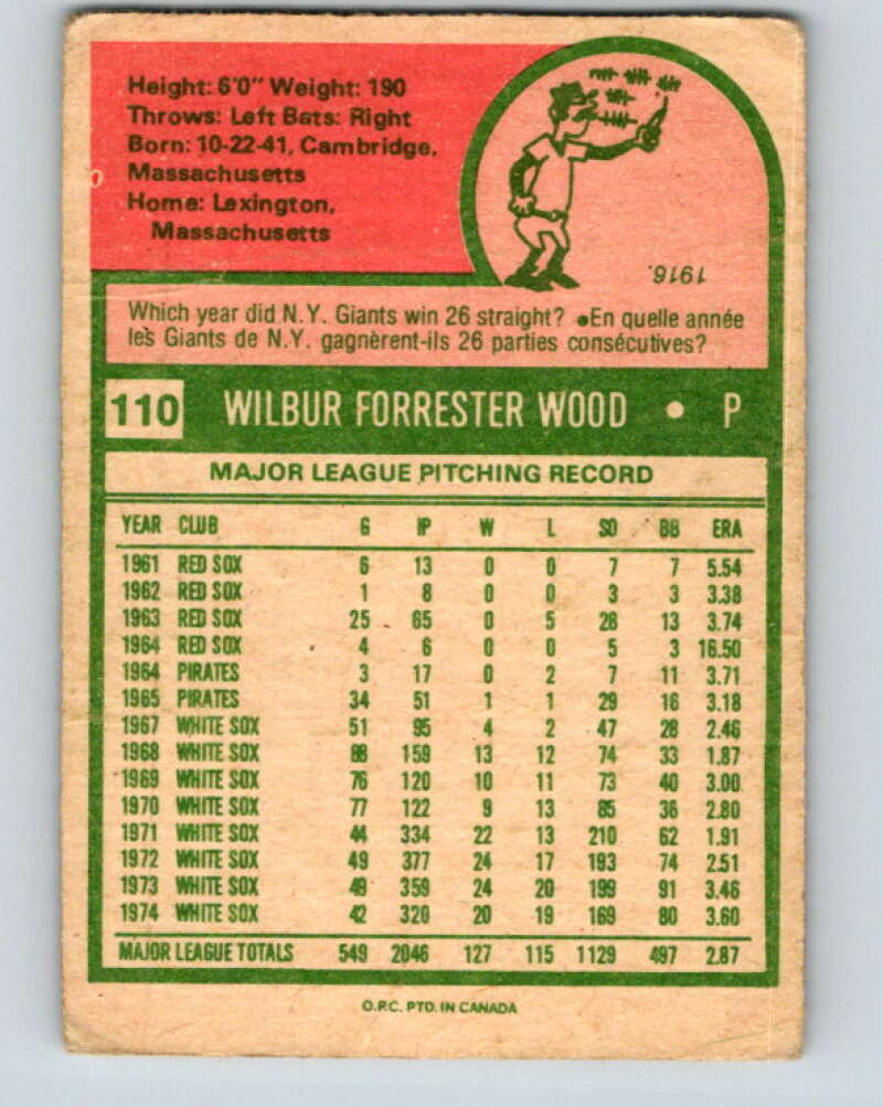1975 O-Pee-Chee MLB #110 Wilbur Wood Chicago White Sox V10573
