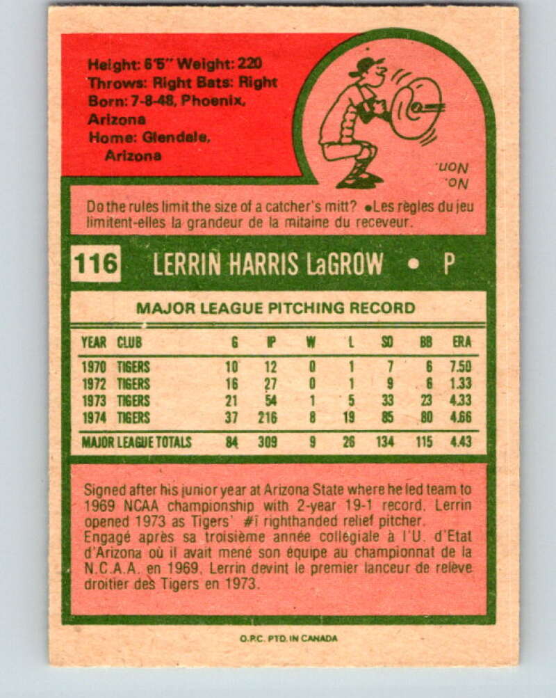 1975 O-Pee-Chee MLB #116 Lerrin LaGrow Detroit Tigers V10574