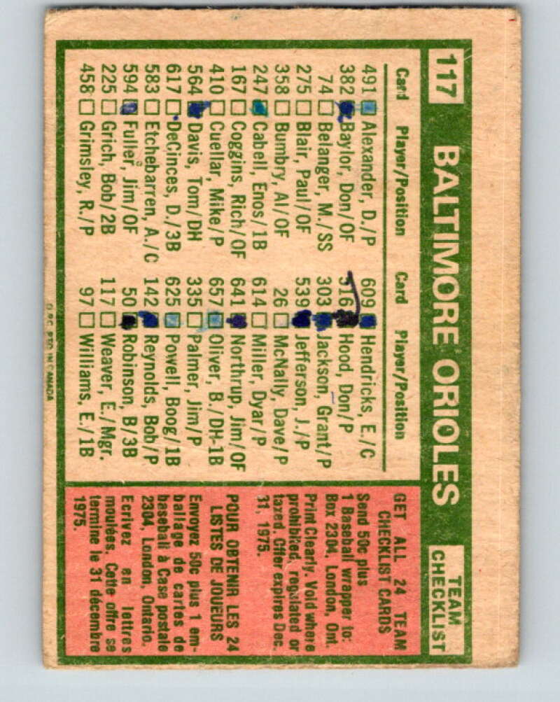 1975 O-Pee-Chee MLB #117 Orioles Team/Earl Weaver MG V10575