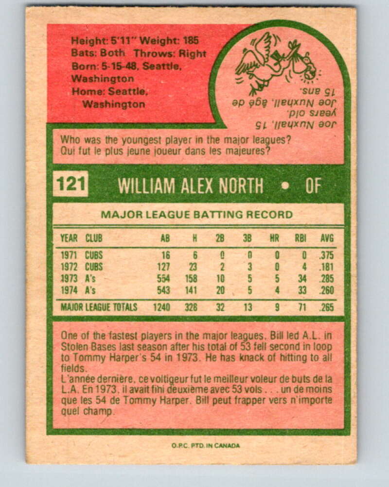 1975 O-Pee-Chee MLB #121 Bill North  Oakland Athletics  V10576
