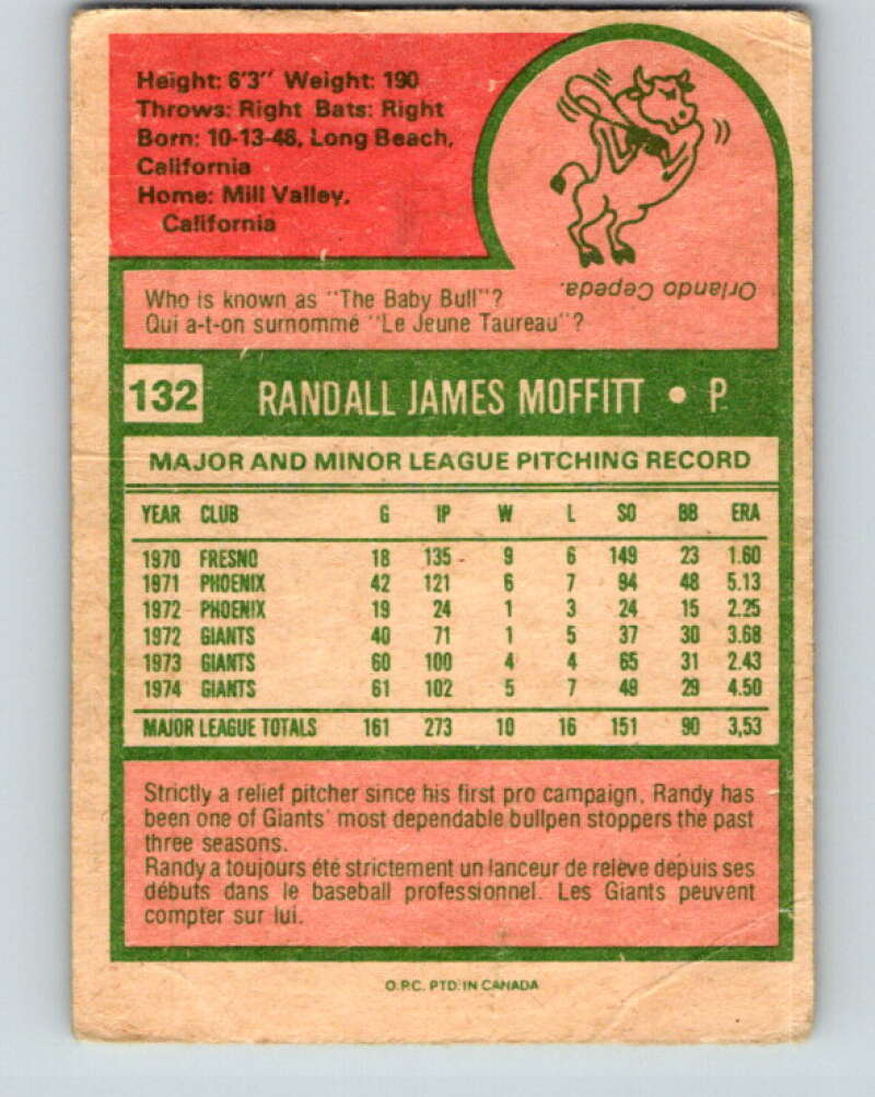 1975 O-Pee-Chee MLB #132 Randy Moffitt San Francisco Giants V10578