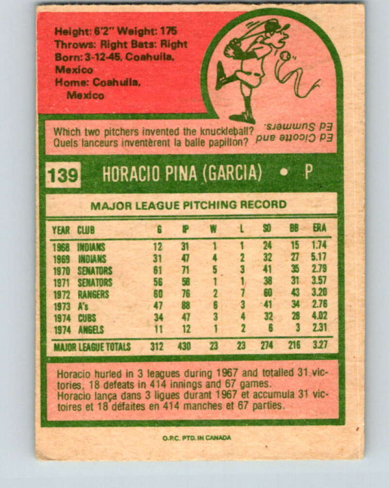 1975 O-Pee-Chee MLB #139 Horacio Pina California Angels V10581