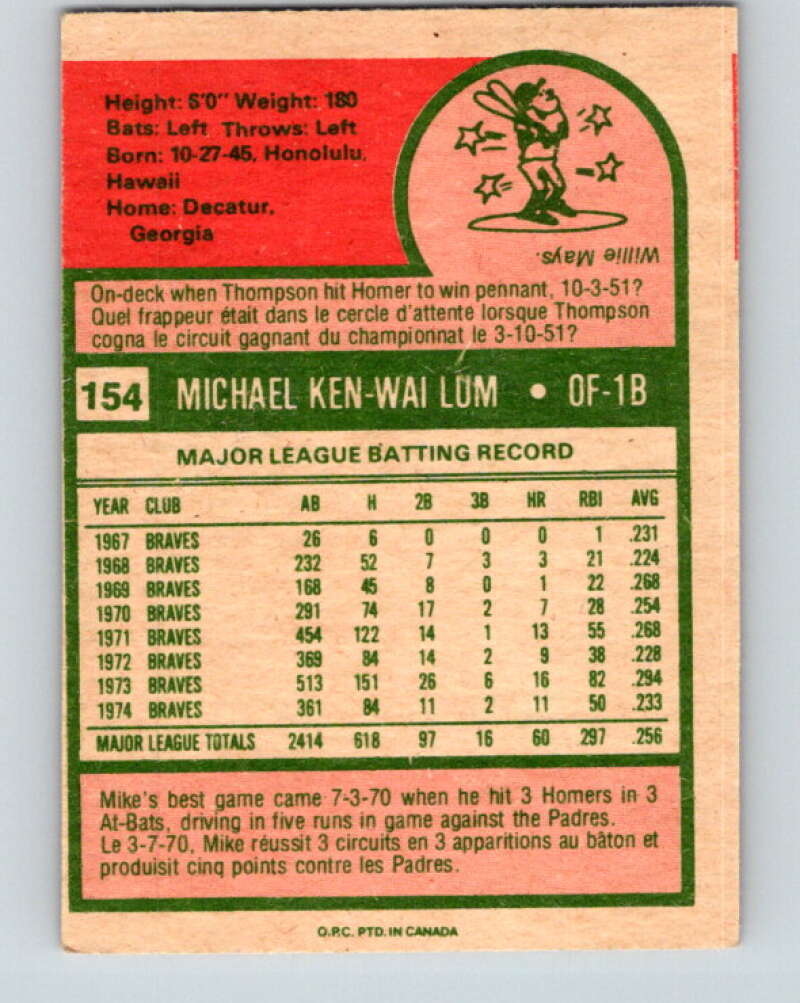 1975 O-Pee-Chee MLB #154 Mike Lum Atlanta Braves V10583