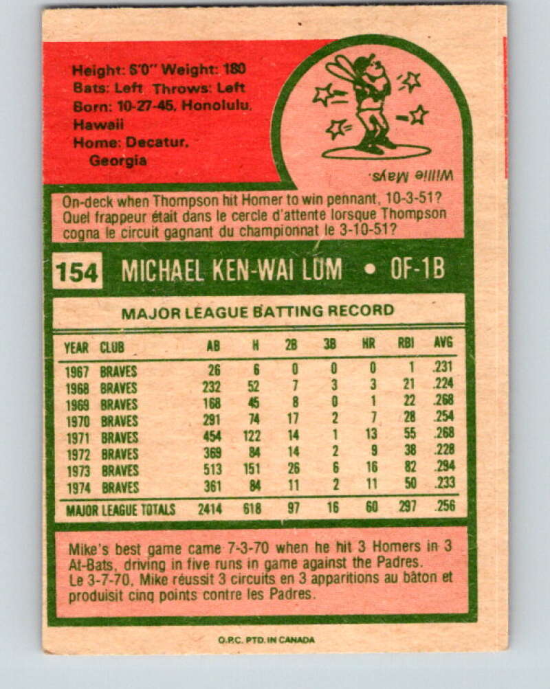 1975 O-Pee-Chee MLB #154 Mike Lum  Atlanta Braves  V10583