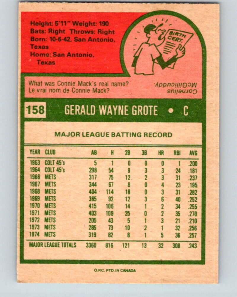 1975 O-Pee-Chee MLB #158 Jerry Grote New York Mets V10584