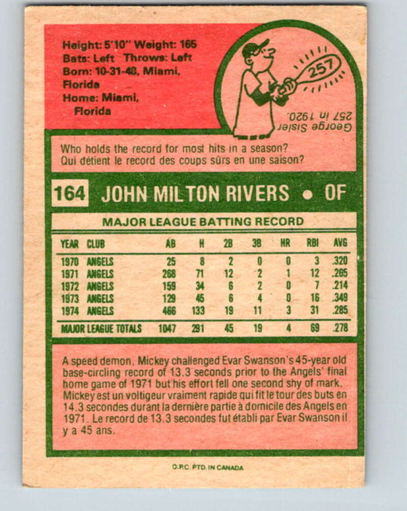 1975 O-Pee-Chee MLB #164 Mickey Rivers California Angels V10586