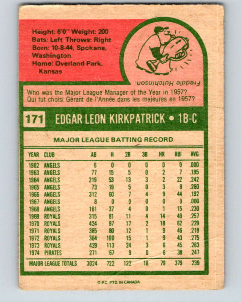 1975 O-Pee-Chee MLB #171 Ed Kirkpatrick Pittsburgh Pirates V10588