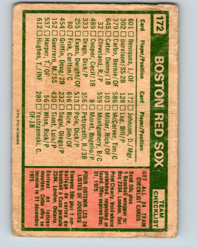 1975 O-Pee-Chee MLB #172 Red Sox Team/Darrell Johnson MG V10589